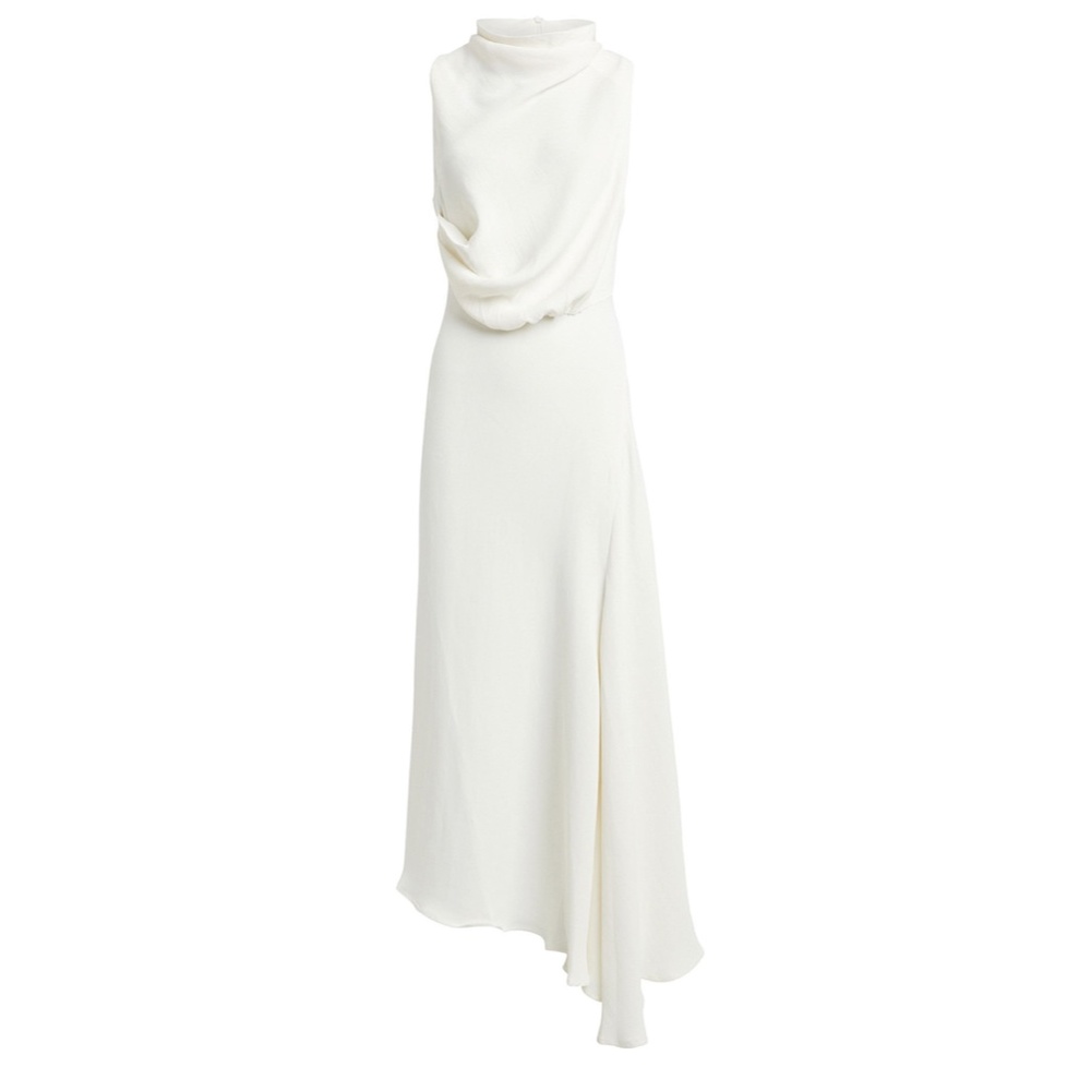 Acler ivory draped cowl neck asymmetrical gown.